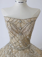 Unique Ball Gown Strapless Tulle Champagne Long Wedding Dresses Brides Dress