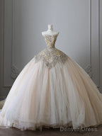 Unique Ball Gowns Strapless Tulle Champagne Long Wedding Dress Brides Dresses