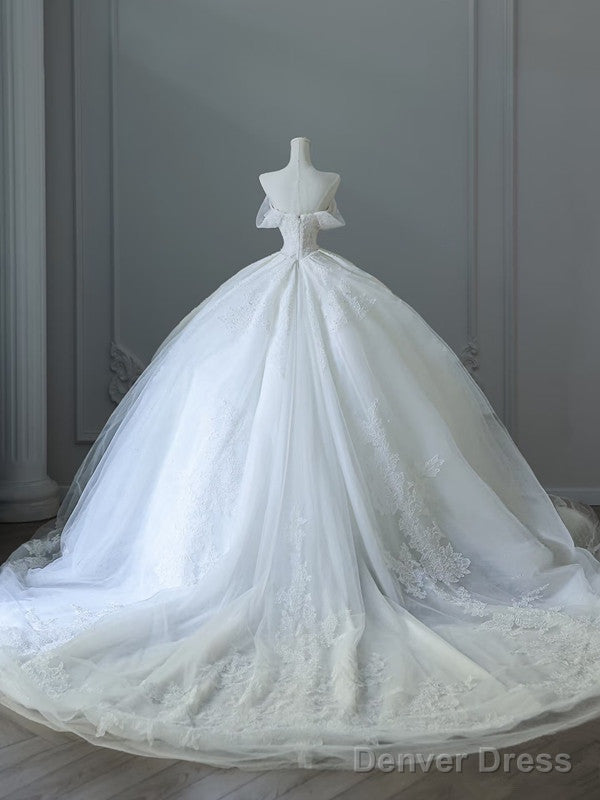 Unique Ball Gowns Strapless Tulle White Long Off The Shoulder Wedding Dress Brides Dresses