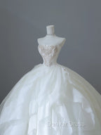 Unique Ball Gown Strapless Tulle White Long Wedding Dresses Brides Dresses