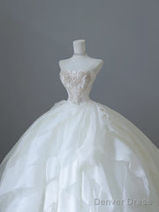 Unique Ball Gown Strapless Tulle White Long Wedding Dresses Brides Dress