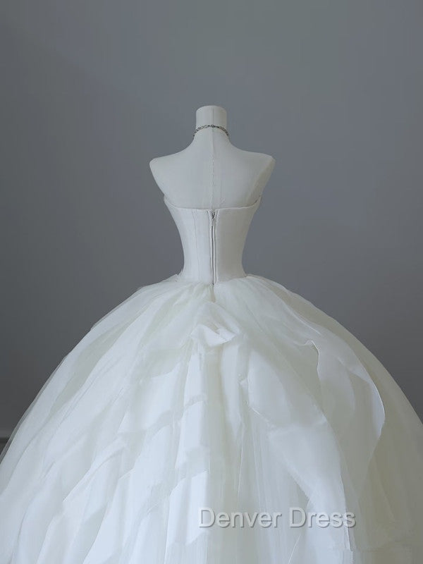 Unique Ball Gowns Strapless Tulle White Long Wedding Dress Brides Dresses