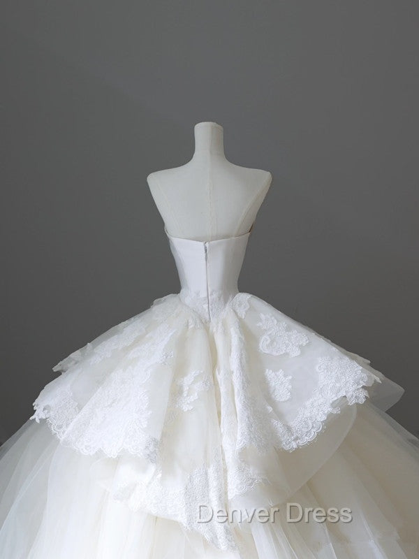 Unique Ball Gowns Strapless White Lace Satin Long Wedding Dress Brides Dresses