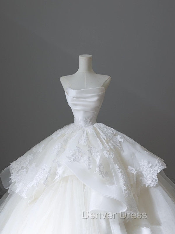 Unique Ball Gowns Strapless White Lace Satin Long Wedding Dress Brides Dresses