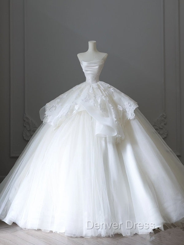 Unique Ball Gowns Strapless White Lace Satin Long Wedding Dress Brides Dresses