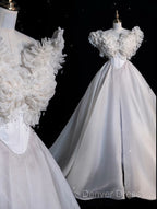 Unique Ball Gown Sweetheart Long Tulle White Wedding Dresses Brides Dresses