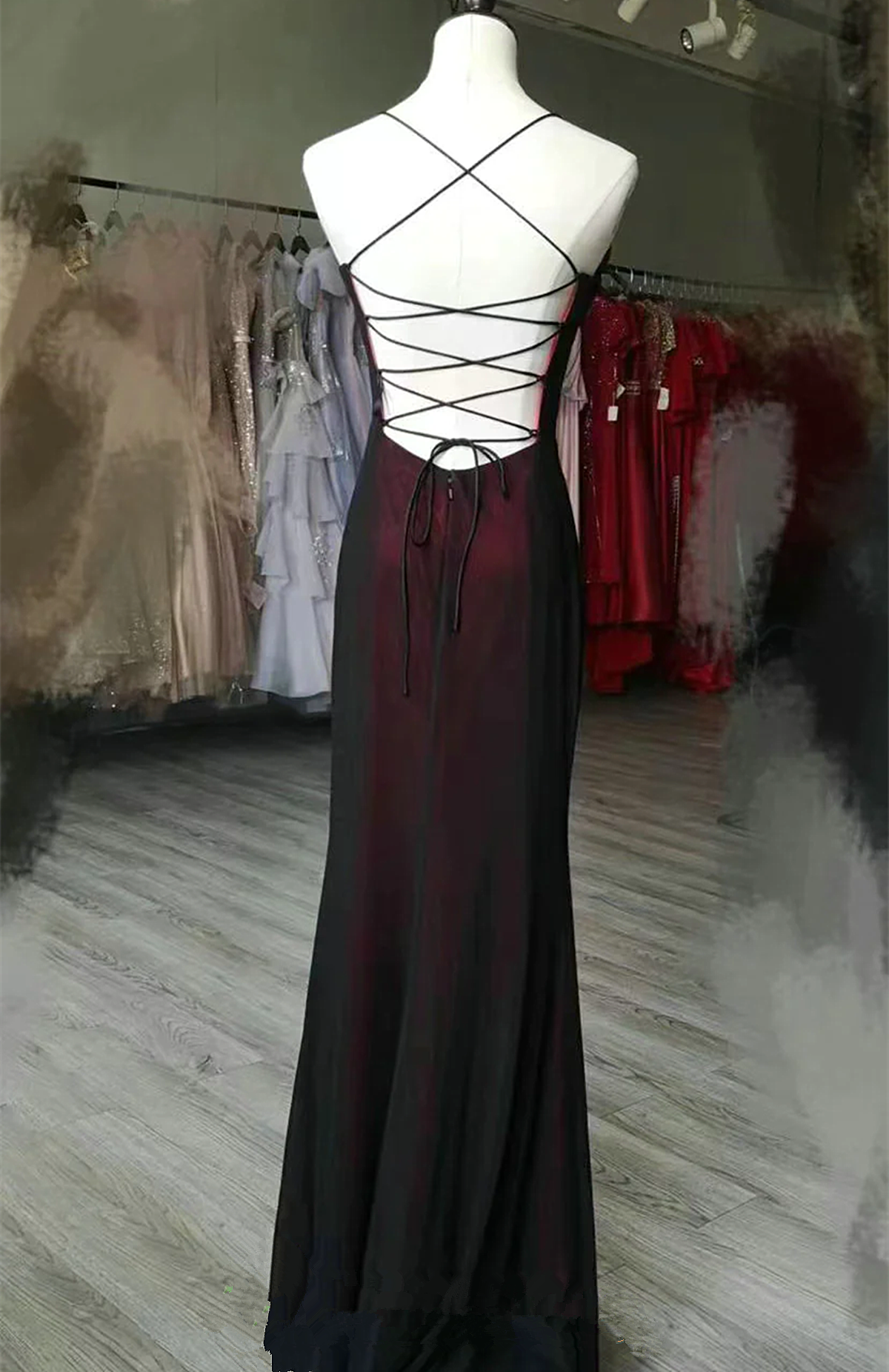 Unique Black And Red Scoop Straps Long Prom Dress, Black And Red Prom Dresses Secondary image
