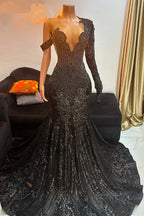 Unique Black Cap Sleeves Beaded Mermaid Court Train Prom Dresses