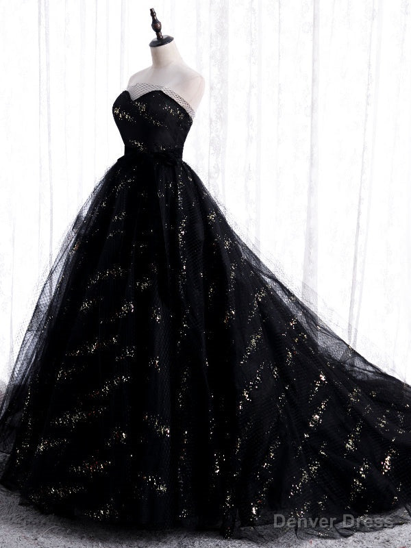 Unique Black Tulle Sequins Strapless Prom Dresses