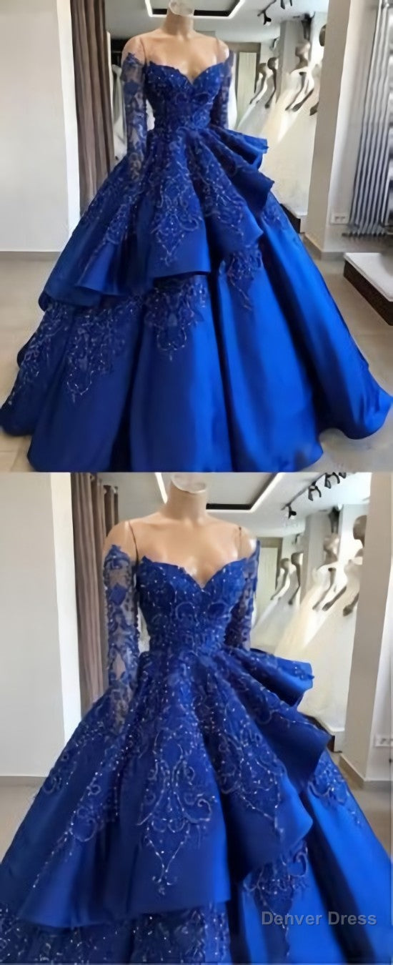 Unique blue lace long prom dress, blue long evening dress Main image