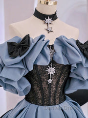 Unique Blue Prom Dresses Off Shoulder Satin Lace Long Evening Dresses