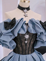 Vestido de baile azul exclusivo do ombro de cetim de cetim de longa noite vestidos de noite