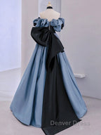 Unique Blue Prom Dress Off Shoulder Satin Lace Long Prom Dresses