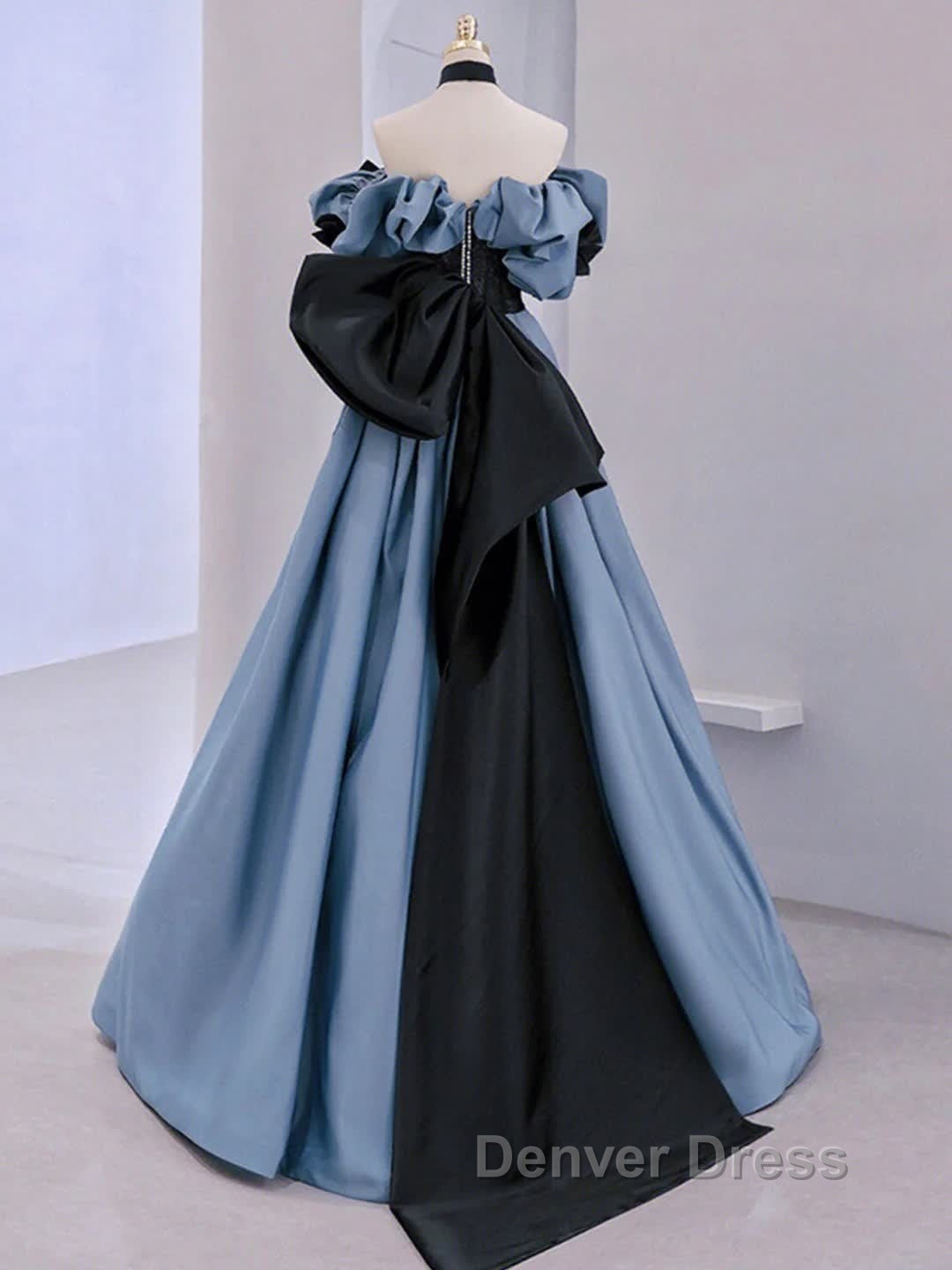 Unique Blue Prom Dress Off Shoulder Satin Lace Long Prom Dresses