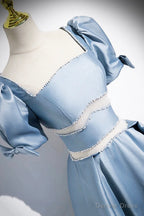 Unique Blue Satin Long Prom Dress, A Line Short Sleeve Blue Prom Dresses