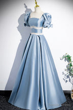 Unique Blue Satin Long Prom Dress, A Line Short Sleeve Blue Prom Dresses