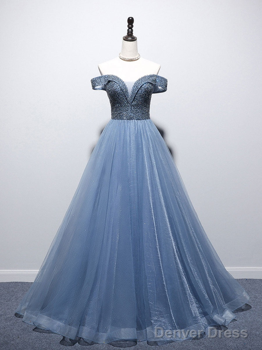 Unique Blue Tulle Beads Long Prom Dress, Blue Tulle Evening Dress