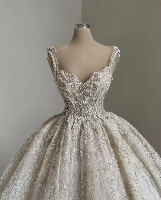 Unique Bridal Gowns Ball Gowns Straps Neck White Sequin Wedding Dresses Pretty Bridal Gown Secondary image