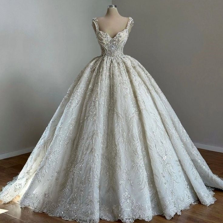 Unique Bridal Gowns Ball Gowns Straps Neck White Sequin Wedding Dresses Pretty Bridal Gown Main image