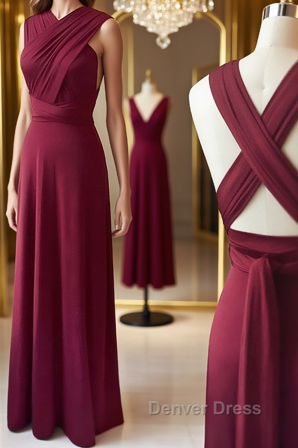 Unique Burgundy Long Prom Dress with Cross Back, Burgundy Prom Graduation Prom Dress, Burgundy Bridesmaid Dresses Main image