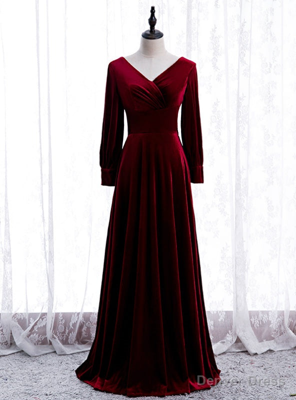Unique Burgundy Velvet Long Sleeve V Neck Pleats Prom Dresses