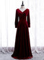 Unique Burgundy Velvet Long Sleeve V Neck Pleats Prom Dresses