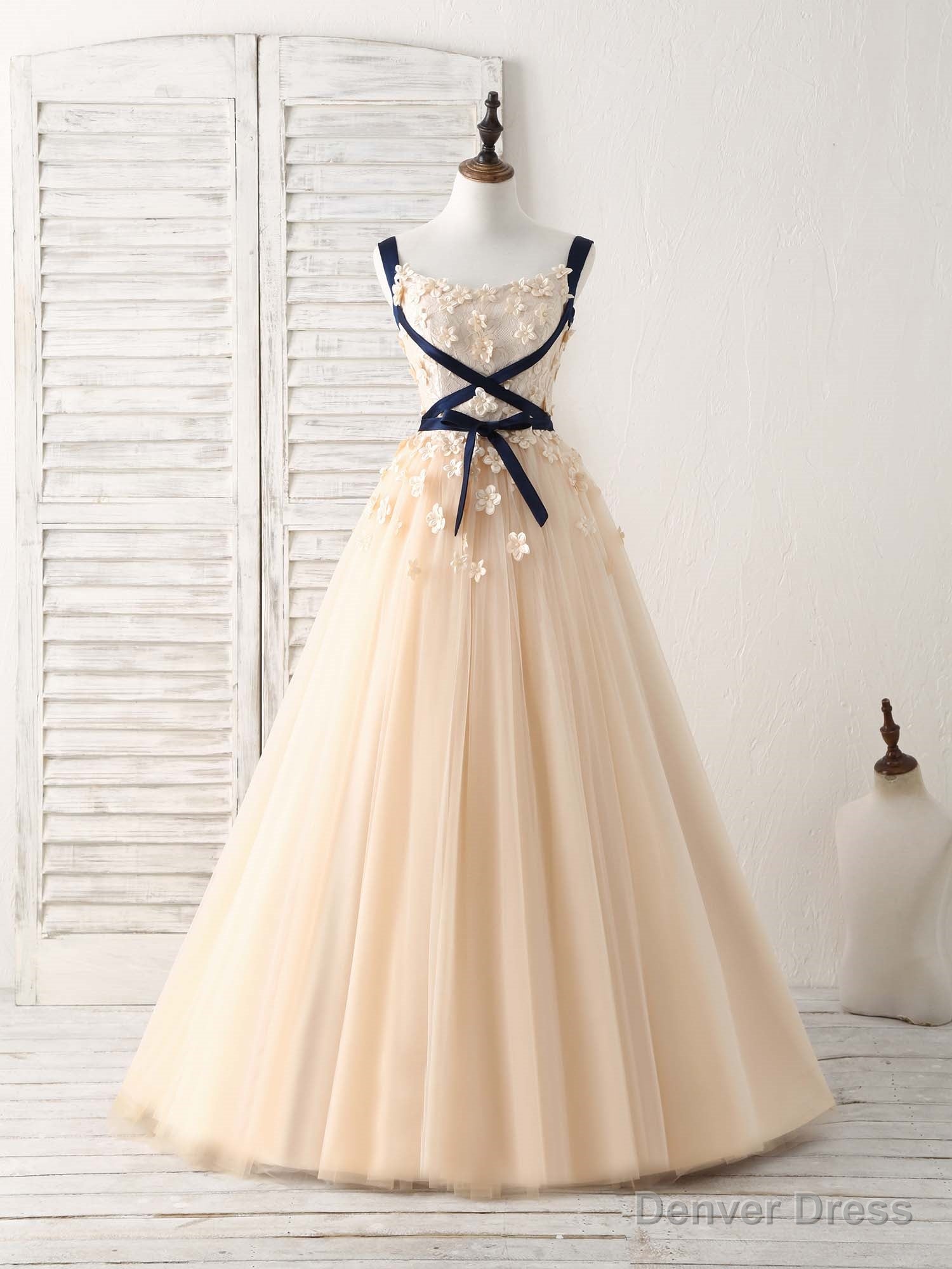 Unique Champagne Lace Tulle Long Prom Dress, Champagne Evening