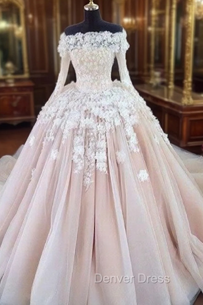 Unique Champagne Lace Tulle Long Wedding Dress, Bridal Dresses Main image