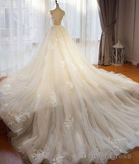 Unique Champagne Tulle Lace Long Prom Dress, Champagne Wedding Dress