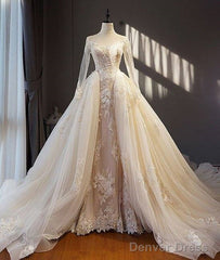 Unique Champagne Tulle Lace Long Prom Dress, Champagne Wedding Dress