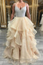 Unique champagne tulle sequin long prom Dress, champagne Prom Dresses