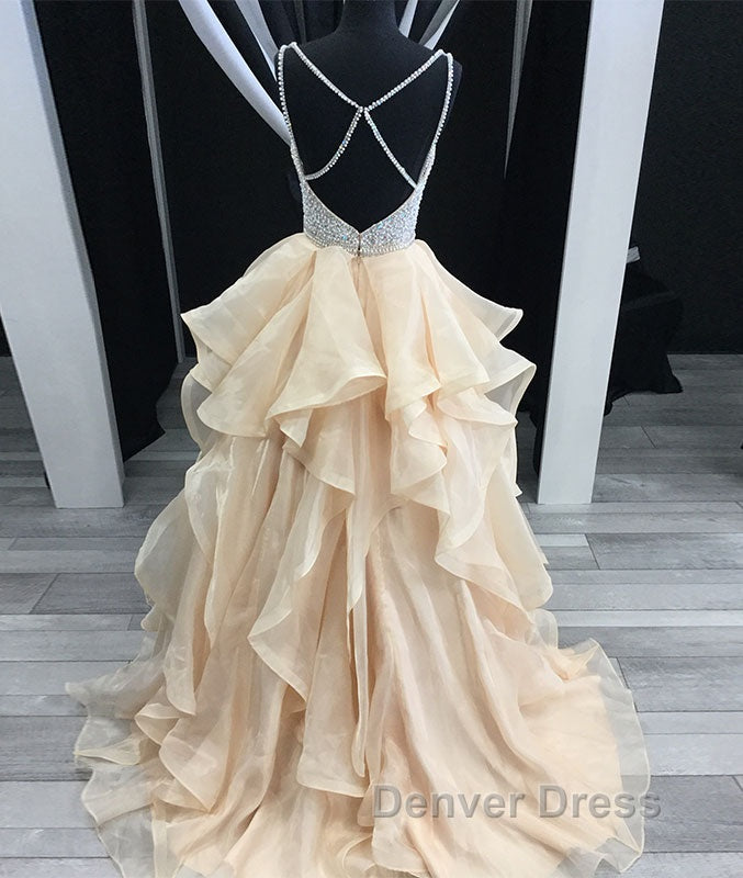 Unique champagne tulle sequin long prom Dress, champagne Prom Dresses Secondary image