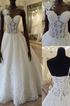 Unique Design One Shoulder See Through A-Line Lace Tulle Wedding Dresses,