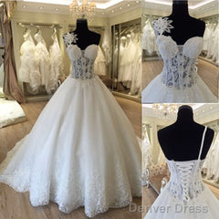 Unique Design One Shoulder See Through A-Line Lace Tulle Wedding Dresses,