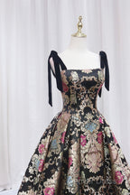Unique Floral Floor Length Prom Dresses, A-Line Black Evening Dresses