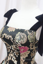 Unique Floral Floor Length Prom Dresses, A-Line Black Evening Dresses