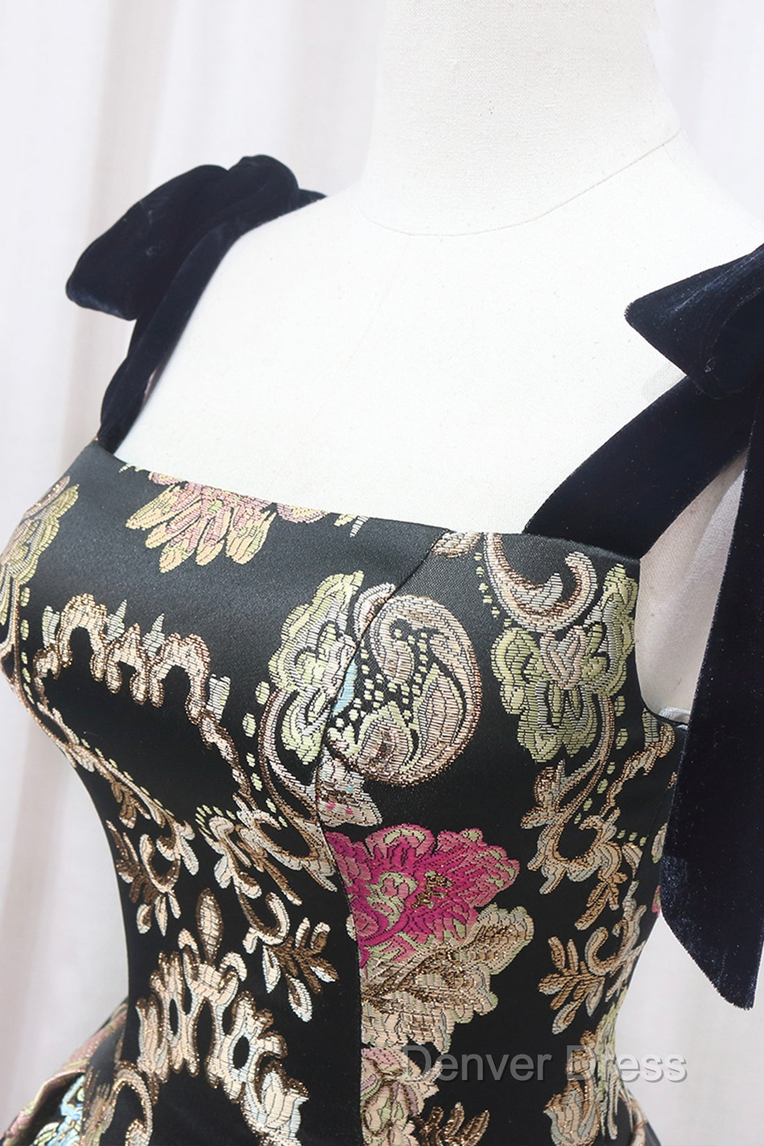 Unique Floral Floor Length Prom Dresses, A-Line Black Evening Dresses