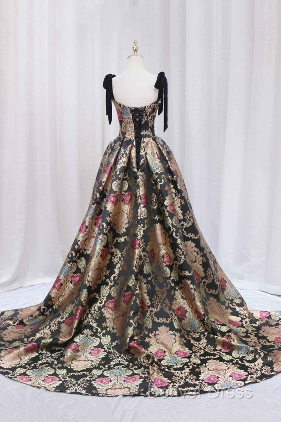 Unique Floral Floor Length Prom Dresses, A-Line Black Evening Dresses