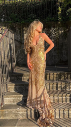 Unique Mermaid Golden Sequin Long Sweep Open Back Prom Dress