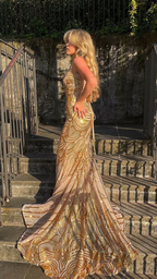 Unique Mermaid Golden Sequin Long Sweep Open Back Prom Dress