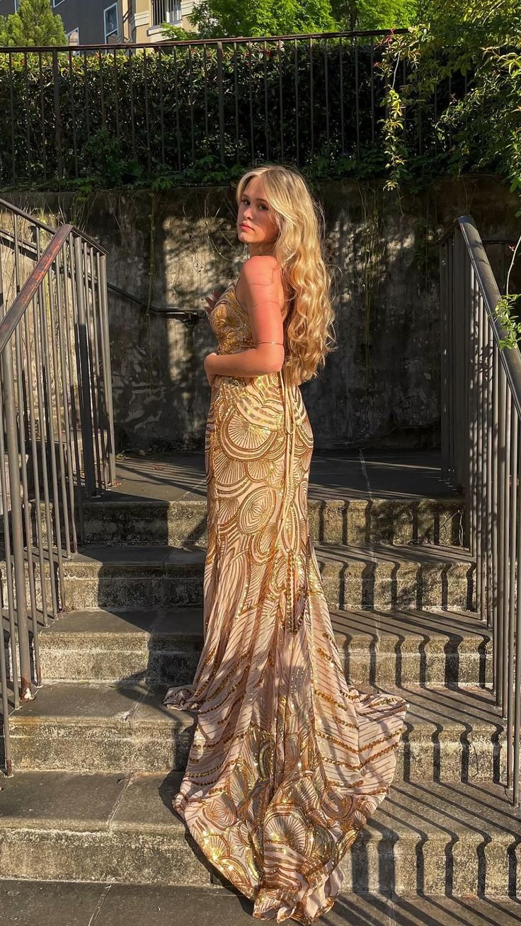 Unique Mermaid Golden Sequin Long Sweep Open Back Prom Dress