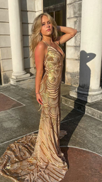 Unique Mermaid Golden Sequin Long Sweep Open Back Prom Dress