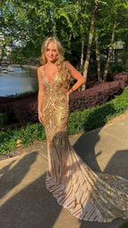 Unique Mermaid Golden Sequin Long Sweep Open Back Prom Dress