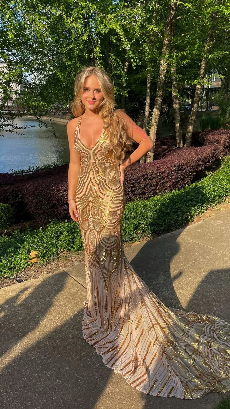 Unique Mermaid Golden Sequin Long Sweep Open Back Prom Dress