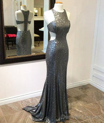 Unique Gray Sequin Mermaid Long Prom Dress, Gray Evening Dress