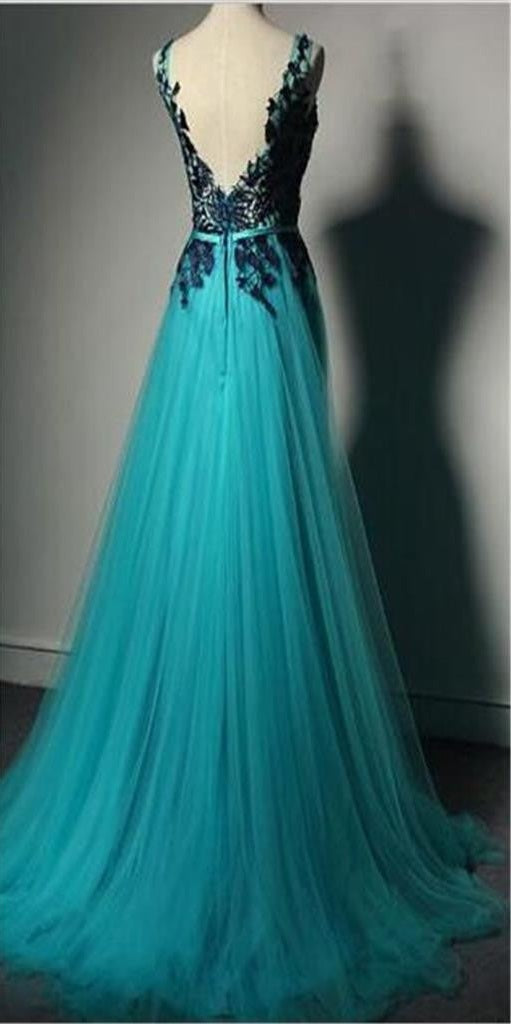 Unique Green Tulle A-line Long Prom Dress-Purple Lace Applique Evening Dress Secondary image