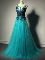 Unique Green Tulle A-line Long Prom Dress-Purple Lace Applique Evening Dress