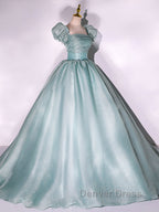 Unique green tulle long prom Gowns, green tulle sweet 16 Dresses