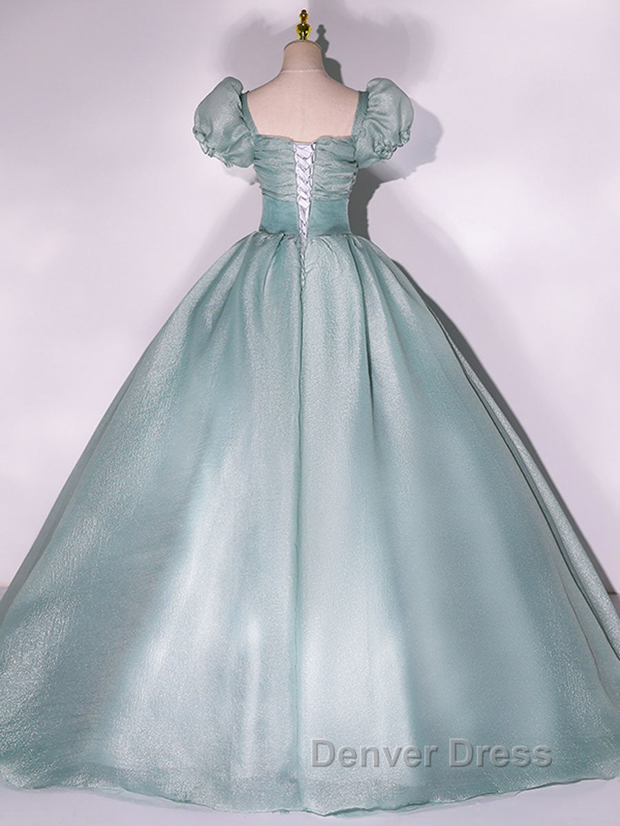 Unique green tulle long prom Gowns, green tulle sweet 16 Dresses