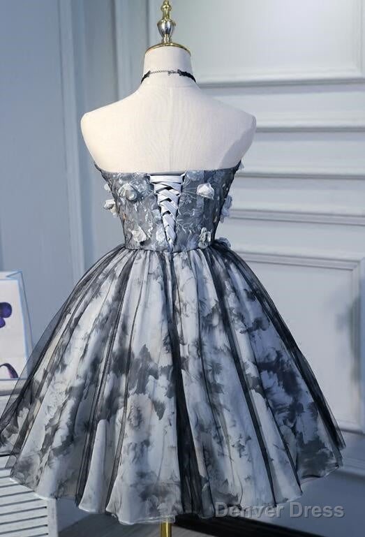 Unique Grey Floral Sweetheart Short Prom Dress, Homecoming Dresses